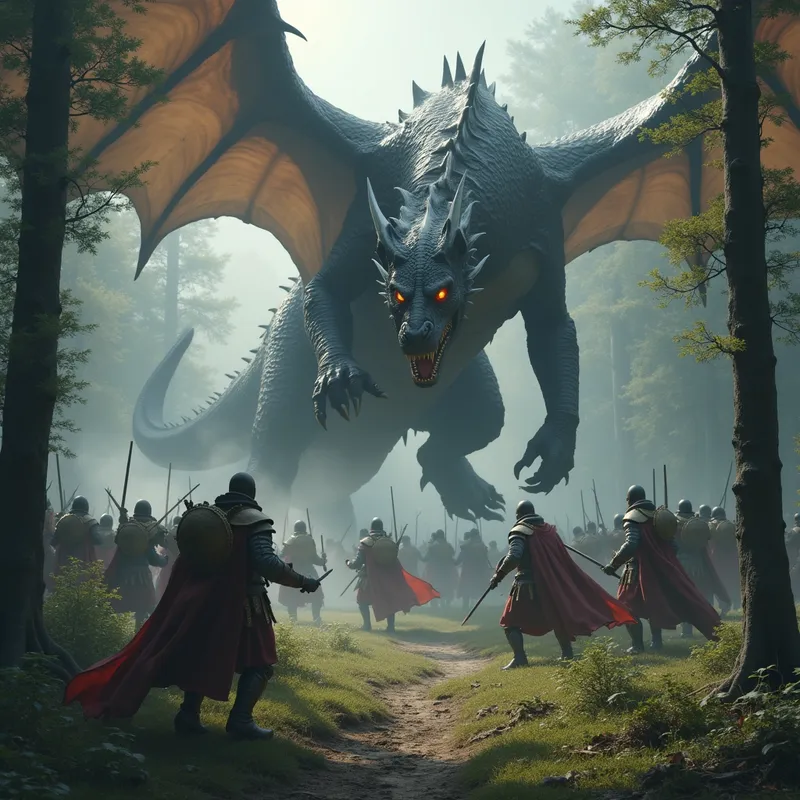 Dragons Clash Over Forest Battlefield - evil dragon descending on a battle field of soliders to fight another dragon with a forest theme to it - AI image generated with Photorealistic 2
