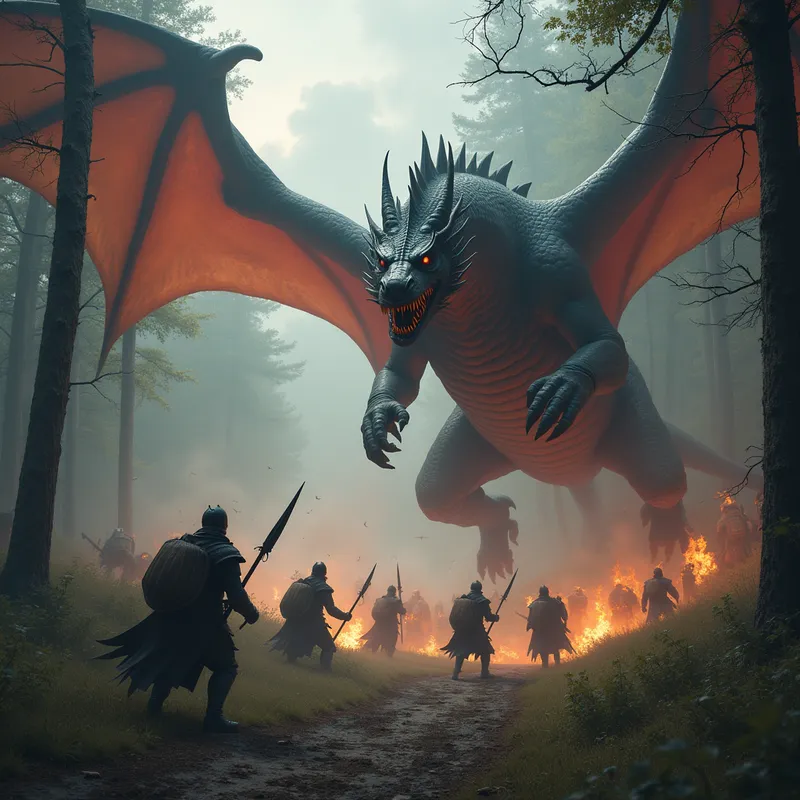 Dragons Clash Over Forest Battlefield - evil dragon descending on a battle field of soliders to fight another dragon with a forest theme to it - AI image generated with Photorealistic 2