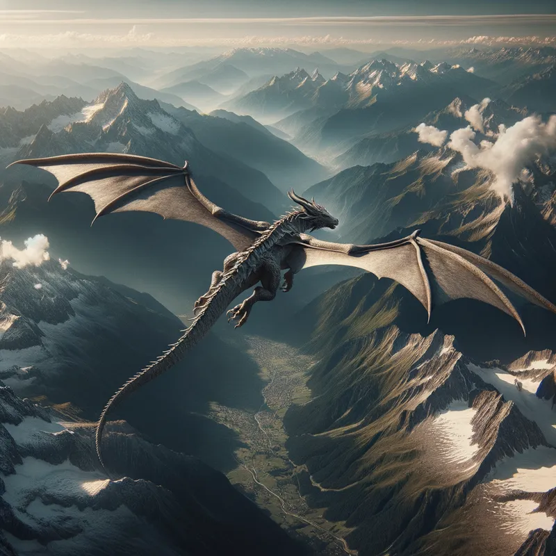 Dragon's Flight Over Mountains - From a high vantage point, witness a grand dragon in flight over rugged mountain ranges. The dragon's enormous wings are spread to their fullest extent, capturing thermals that help it glide effortlessly. The landscape below is rich with detail, featuring snow-capped peaks and lush valleys. - AI image generated with Art