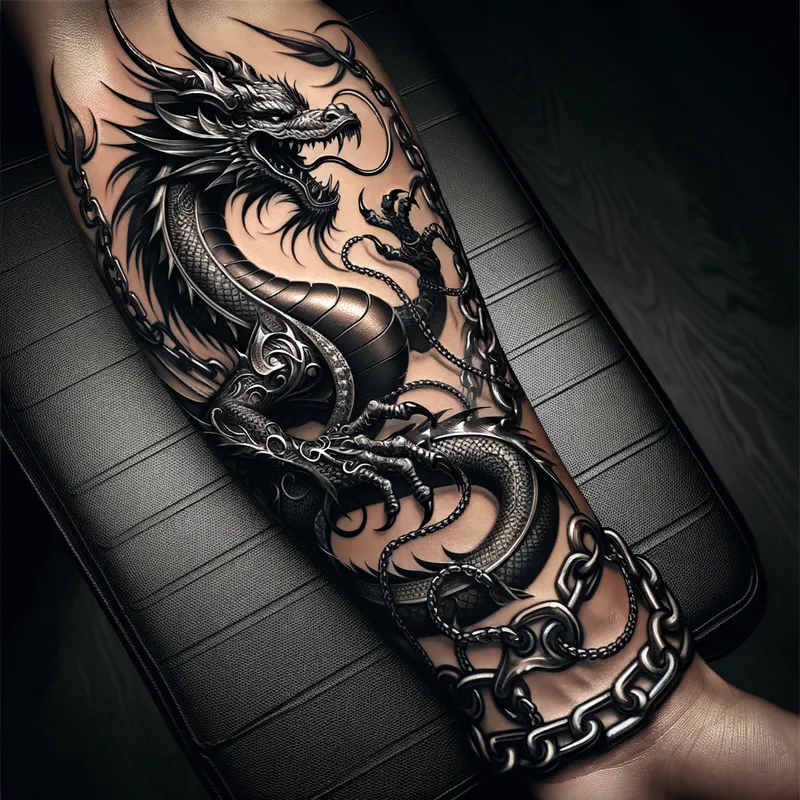 Dragon's Protective Chains - A captivating tattoo where strong metallic chains drape down the arm, with a dragon wrapping around the chains, its wings outspread and its tail coiling around the wrist. - AI image generated with Art