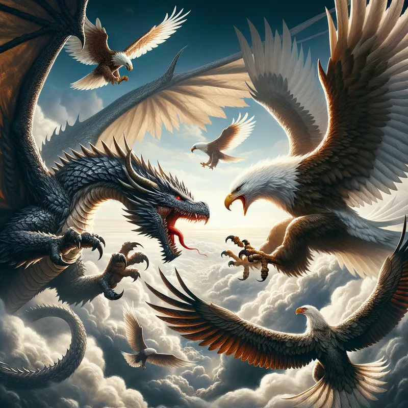 Dragon vs. Eagle Clash - dragons fight with dashing eagles - AI image generated with Art