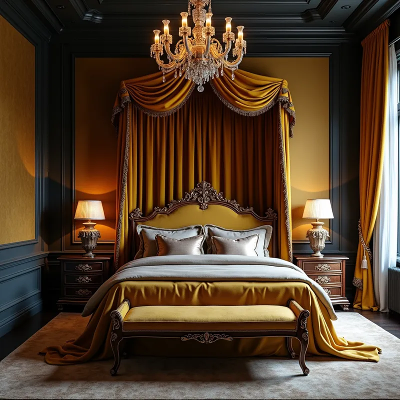 Dramatic Elegance - A strikingly elegant bedroom with a dramatic flair. Imagine dark, moody walls contrasted with rich, golden textiles, elegant chandeliers, and a statement canopy bed draped in sumptuous silks and velvets, evoking a sense of grandiose theater. - AI image generated with Photorealistic 2