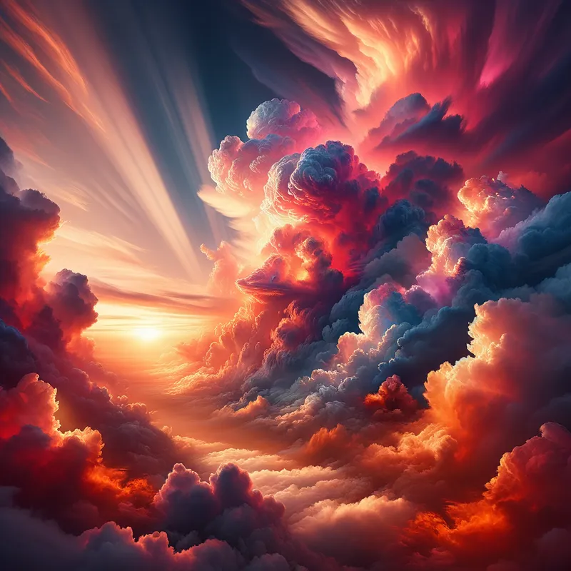 Dramatic Sunrise Splendor - An awe-inspiring landscape featuring a dramatic cloudscape at sunrise. Cumulous clouds painted in vibrant pinks, fiery reds, and warm oranges, with beams of sunlight splitting through the clouds in places. - AI image generated with Art