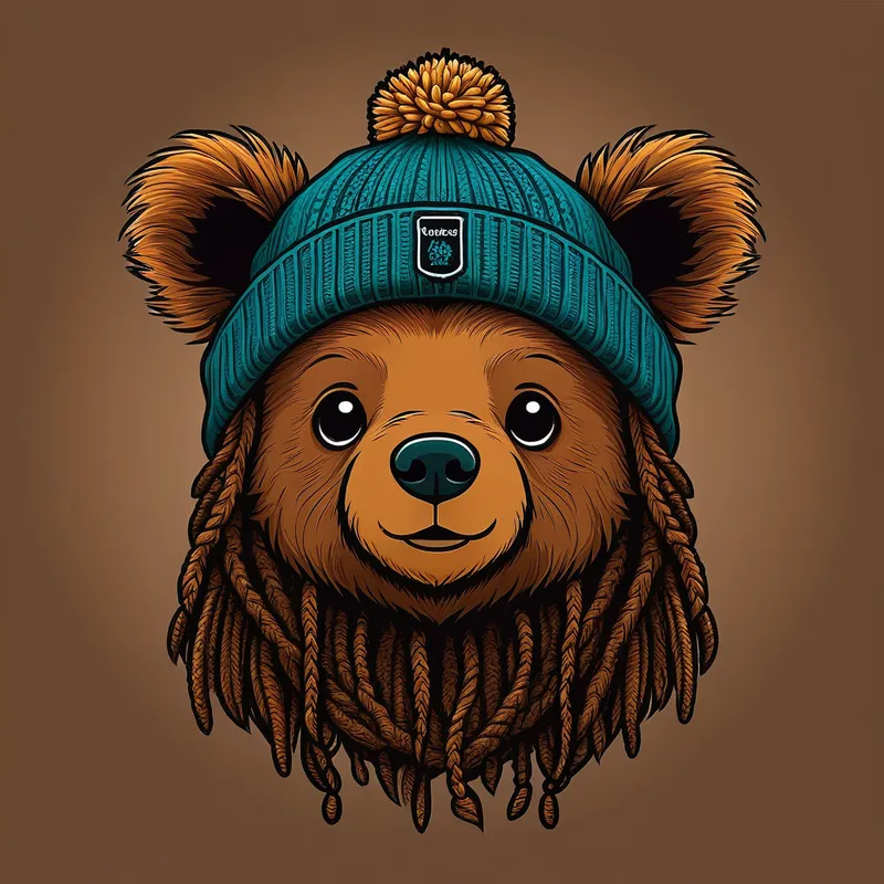 Dreaded Bear - little brown bear with dreads and beanie logo - AI image generated with Photorealistic - doodle