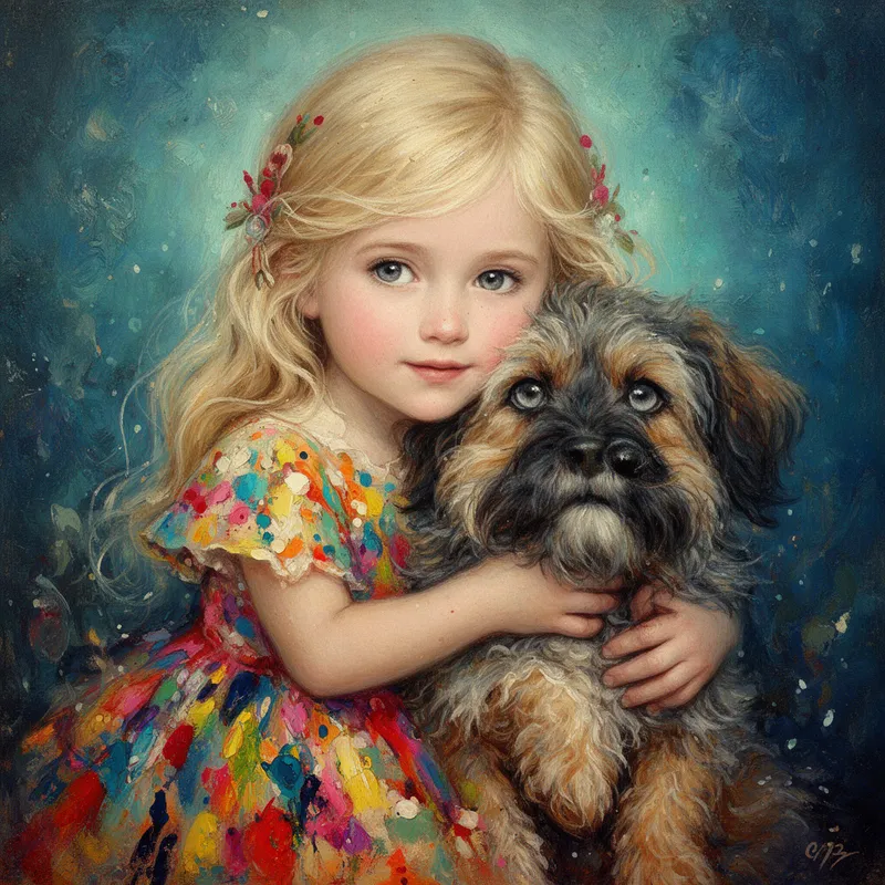 Dreaming in Blue-Green - A blonde girl with luminous storm-grey eyes gently embracing a dog, captured in a whimsical fantasy portrait filled with tenderness and childlike innocence. Her dress is bright and abstract, alive with vivid paint splashes, while the dog is rendered in layered textured strokes with lush fur detail. The background glows with moody blue-green textures, enhanced by folk-art influence, expressive portrait styling, a soft vintage mood, and an acrylic-painted handcrafted aesthetic. - AI image generated with Flux 2