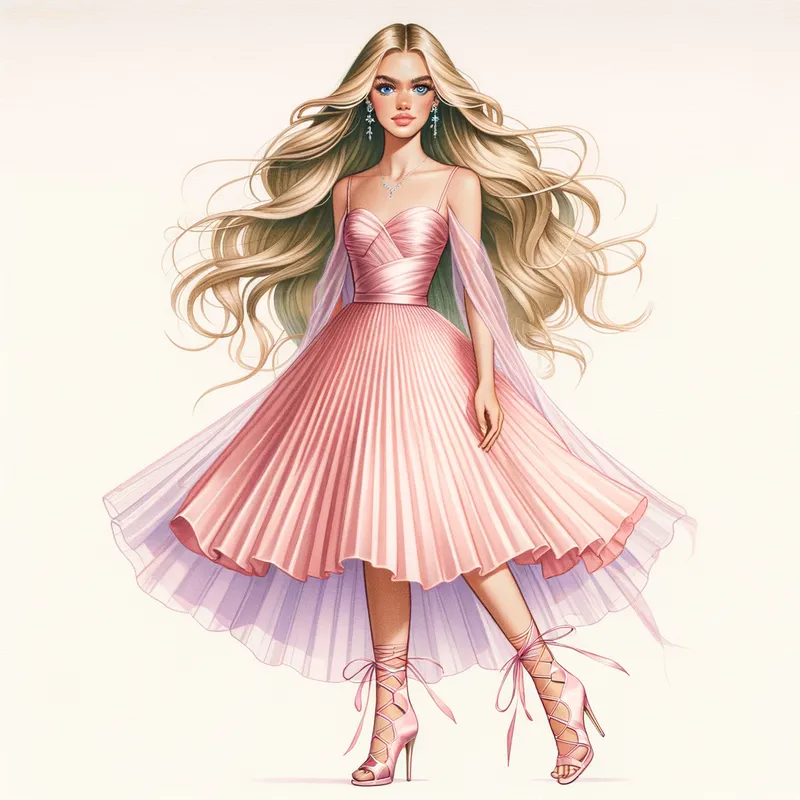 Dreamlike Allure - A depiction of Mirabelle, showcasing her long, straight blonde hair flowing effortlessly. Her captivating blue eyes are matched with a light pink sweetheart neckline satin top with pink off-shoulder straps. A mini pleated skirt in soft light pink organza overlaps a micro length tube skirt underneath. Silver earrings sparkle from her ears, and her feet are adorned with light pink satin open-toe, lace-up platform heels tied with matching satin ribbons winding from just below her knees to her heels. - AI image generated with Art