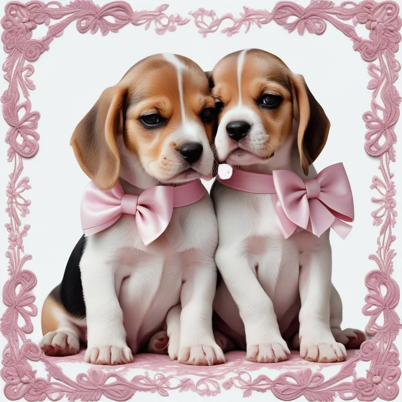 Dreamlike Beagle Love Illustration - Create a whimsical digital painting on a pure white background, keeping every part fully visible within the frame. Show two beagle puppies nestled together in a loving pose, the larger one hugging the smaller one. Both puppies should have glossy dark eyes, gentle expressions, and soft pink bows on their heads. Place them atop an ornate tabletop or cushion-like platform featuring lace and embroidered detailing. Above the pair, add clear decorative text that reads: "Be grateful for every second you get to spend with the people you love. Life is precious." Use soft painterly shading, subtle fantasy charm, and a warm affectionate color palette to suggest comfort, devotion, and treasured time together. Add the watermark text "wolfwoman fancy fonts" at the bottom left. Make sure no subject, prop, or text is cropped or touching the edges. - AI image generated with Photorealistic - alcohol ink, chalk