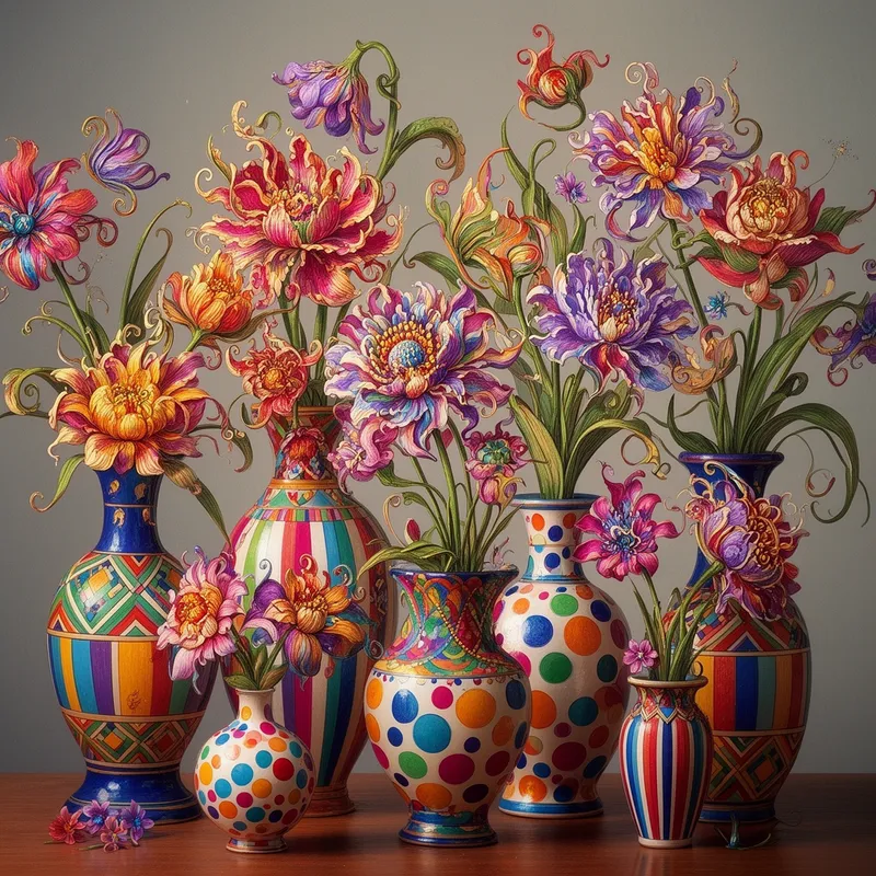 Dreamlike Bouquet in Patterned Vases - A vibrant still life scene filled with fantastical flowers in ornate patterned vases, each flower rendered with intricate petals, curling shapes, and rich decorative details. The vases display striking geometric motifs, colorful stripes, and oversized polka dots. Whimsical, elegant, and dreamlike composition with saturated colors and a sense of magical wonder. - AI image generated with Flux 2