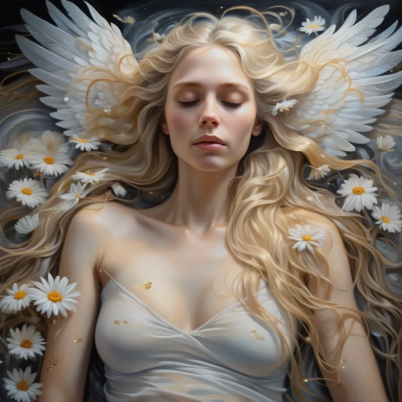 Dreamlike Daisy Wing Beauty - Oil painting inspired fantasy portrait of a woman lying elegantly on her stomach in close-up view. Her very long bioluminescent blonde hair glows with magical light, cascading in soft waves. Her massive feathered wings are spread beautifully in shades of white, grey, beige, and soft gold, decorated with daisies. She wears a black top, layered white skirt, and boots, complemented by a daisy crown. The background is dark gris with reflective mist, shimmering falling glitter, and daisies on the ground, giving the image a rich, enchanting, painterly atmosphere. - AI image generated with Photorealistic - chalk, alcohol ink