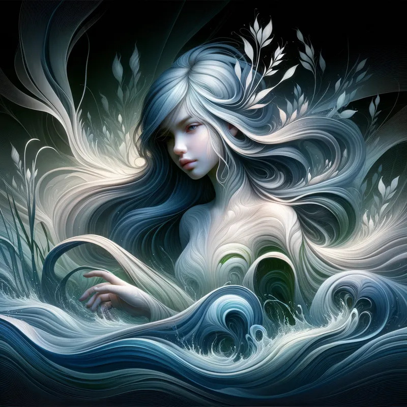 Dreamlike Water Nymph - A dreamy and enchanting portrayal of a girl as a water nymph, with flowing hair and delicate features, surrounded by rippling water and aquatic plants. - AI image generated with Art