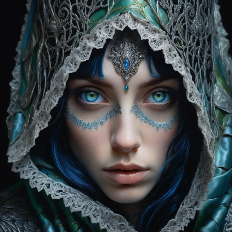 Dreamlit Warrior in Green and Silver - An ultra-detailed oil painting in chiaroscuro style depicting a beautiful fantasy woman with messy black and blue hair, striking icy blue eyes, and an otherworldly presence. She is cloaked in ornate armor and a richly embroidered hood, featuring delicate green and silver patterns, metallic filigree, scales, and lace-like textures. High realism, dramatic focus, mystical atmosphere, and fantasy couture elegance define the scene. - AI image generated with Photorealistic