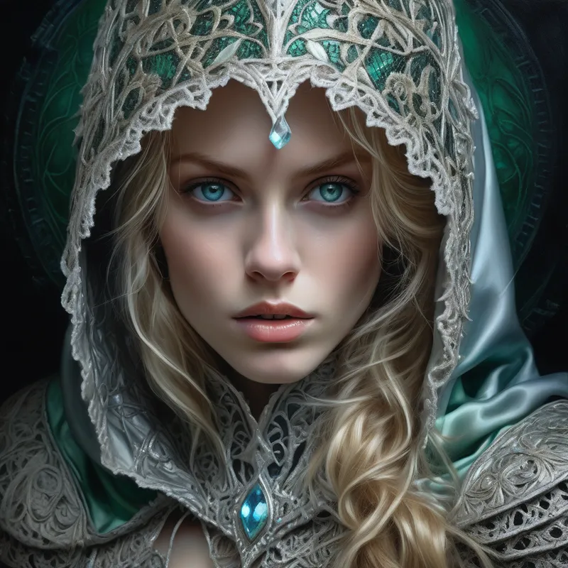 Dreamlit Warrior of Silver and Green - A dramatic ethereal fantasy portrait of a beautiful woman with messy blond hair and icy blue eyes, rendered as a chiaroscuro oil painting. She wears ornate silver and green armor with embroidered hood, ultra-detailed metallic filigree, delicate scale and lace-like patterns, high realism, mystical atmosphere, fantasy couture styling, and a soft dreamlike mood. - AI image generated with Photorealistic - chalk