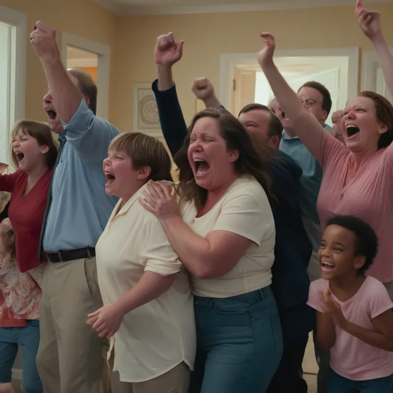 Dreams Come True - A dramatic movie-inspired moment where a family is overjoyed at home after realizing they won the Mega Millions jackpot, with uplifting orchestral music and the excited sounds of laughter. - AI image generated with Stable Diffusion XL