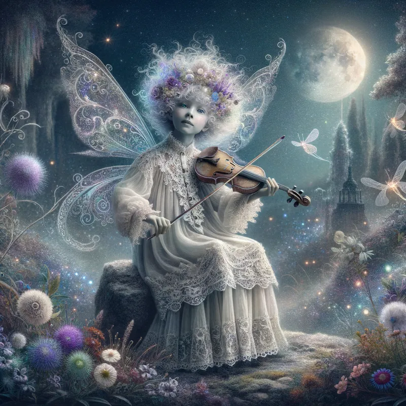 Dreamy Airbrush Fairy - An airbrush-art styled image of a little fairy in a white nightgown with lace trims playing a violin. She has glowing wings, purple-silver hair with flowers, and watery blue eyes looking at the viewer. The scene is set on a rock with a faintly sparkling moon in the background, surrounded by flowers, fireflies, and a forest. - AI image generated with Art