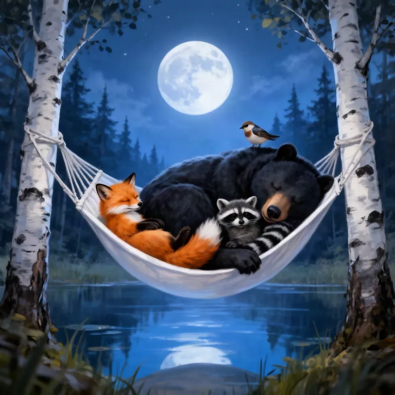 Dreamy Moonlit Animal Slumber - A dreamy digital illustration of forest animals sleeping together in harmony in a white hammock hanging between two tall birch trees beside a still lake. A large black bear sleeps curled up while a small ginger fox lies comfortably on its back, a raccoon nestles against them, and a tiny bird perches peacefully on the bear’s head. The full moon shines brightly in the night sky, illuminating the forest with a mystical blue glow. Painterly storybook art style, soft brushstrokes, enchanting moonlight, detailed animal fur and feathers, calm lake reflections, whimsical and heartwarming mood, ultra-detailed, 8k. - AI image generated with Flux 2 - night lighting