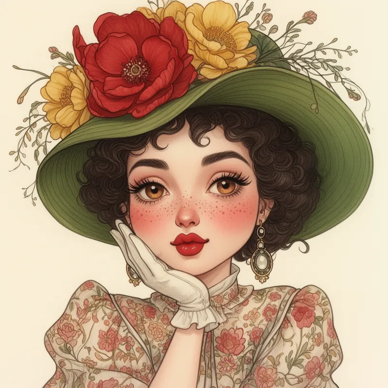 Dreamy Woman in Green Floral Hat - A whimsical, stylized young woman with curly dark hair peeking from under a wide-brimmed green hat adorned with oversized red and yellow flowers and delicate foliage; arched brows, long curled lashes, warm brown eyes, a smattering of freckles, rosy cheeks, and pouty red lips, resting her chin on a gloved hand in a playful, dreamy expression; she wears floral-patterned clothing and large dangling earrings, evoking vintage, fashionable charm. - AI image generated with Flux 2