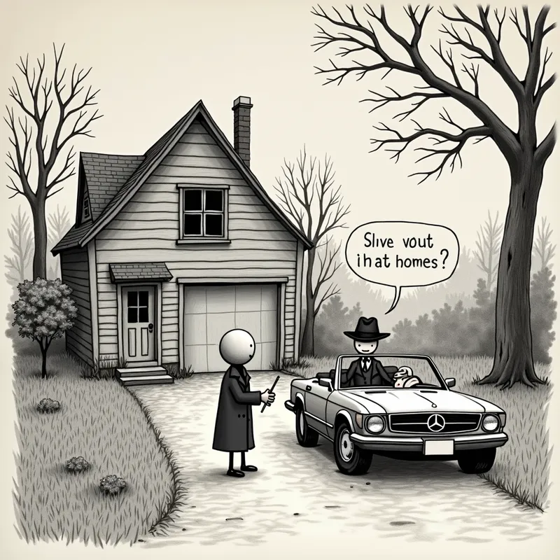 Driveway Conversation - An artful hand-drawn scene on textured paper featuring stick figures. A stick figure character with rough pencil strokes and a round head is accompanied by another figure in a black trench coat and fedora, sitting in a car. They are talking, and the speech bubbles above them show a stick figure sketching. The driveway of a rundown house, with trees and vegetation all around, serves as the background. The drawing employs slight cross-hatching shading to enhance depth. - AI image generated with Photorealistic 2