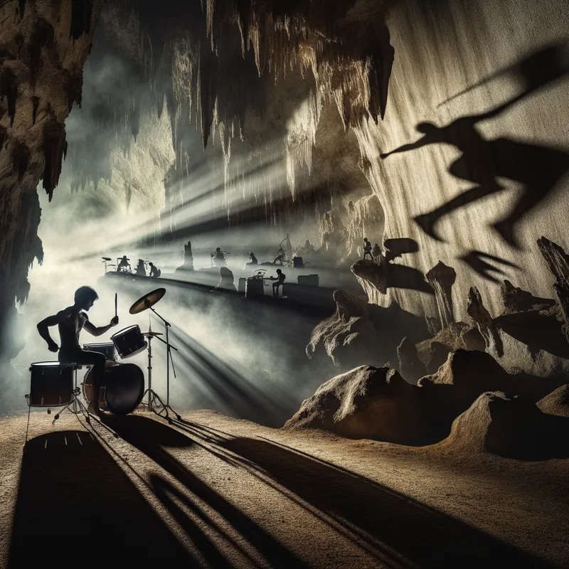 Drumming in the Depths - An intriguing scene featuring a drummer in a deep cave, where shadows dance on the rugged walls. The cave has a natural stage-like formation where the drummer passionately plays. The ambient light from cracks in the cave ceiling creates dynamic shadows around the musician. - AI image generated with Art