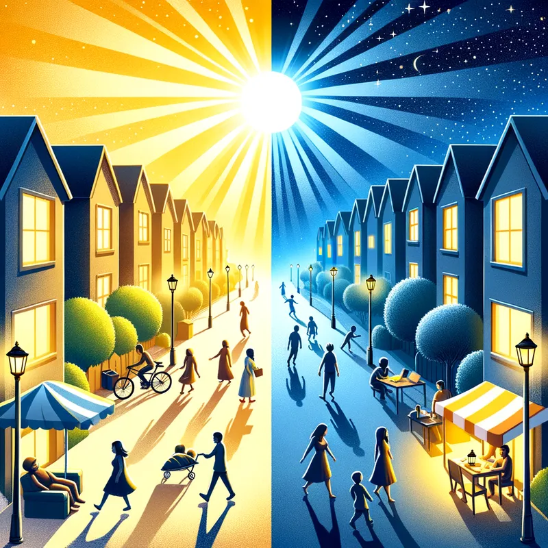 Dual Dimension Neighborhood - A neighborhood image that depicts the contrast between the daytime and nighttime aspects of the community, with one side immersed in the activity and light of day and the other side shrouded in the tranquility and shadows of the night. - AI image generated with Art