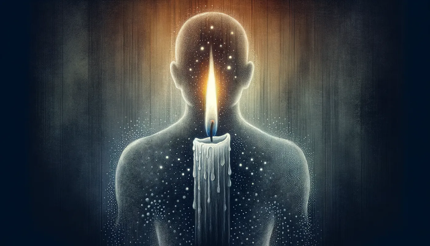 Dual Flame - A candle burning at both ends superimposed over a transparent figure of a person. The candle symbolizes their energy and life force slowly burning out amidst a background gradient transitioning from light to dark, representing the fading vitality due to constant stress and pressure. - AI image generated with Art - chalk, stippling drawing, abstract