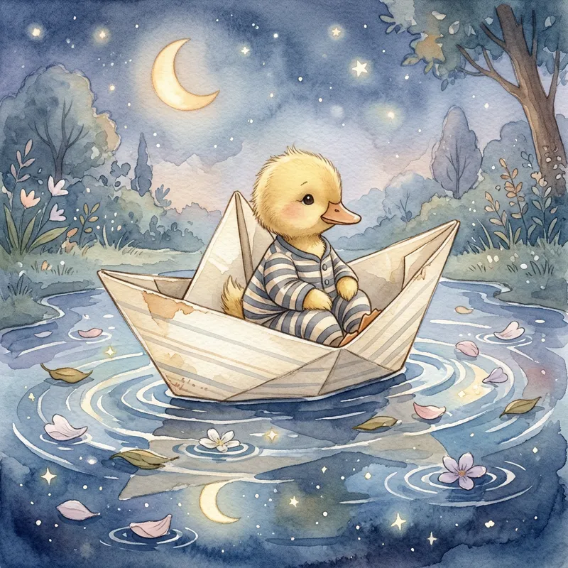 Duckling's Night Voyage - A modern children's watercolor illustration inspired by storybooks. A small duckling with fluffy yellow feathers sits in a carefully folded paper boat, donned in muted-tone striped pajamas. The boat drifts on a softly lit puddle with flower petals and gentle ripples, under a night sky reflecting moonlight and stars. Warm, subdued light highlights the scene, painted in pastel blues, creams, and accented with gentle brushstrokes and the texture of paper grain. The mood is calm, centered, and serene, without exaggerated features. - AI image generated with Nano Banana 2