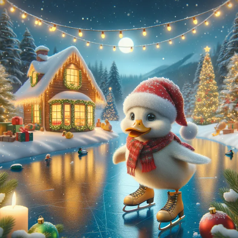 Duck's Winter Wonderland - A delightful scene of a duck wearing a Christmas hat, skating on a frozen pond, with a warm, glowing cottage and twinkling holiday lights in the distance. - AI image generated with Art