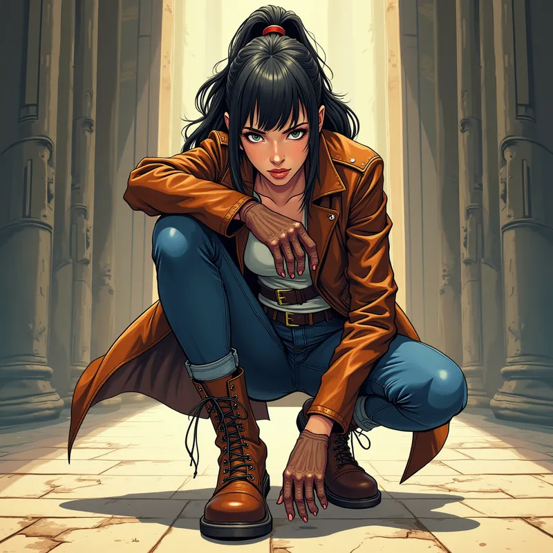 Duel de Cuir en Manga - A badass and attractive female character, equipped with a brilliant brown leather jacket and gloves, tight jeans, and high, lace-up leather boots with thick soles. She is crouched and tense in a vast hall, fixing an unyielding gaze on the viewer in anticipation of a duel. The artwork is in a lovely, detailed manga style, showcasing intricate colors, highlights, and strong shadow play. - AI image generated with Photorealistic 2