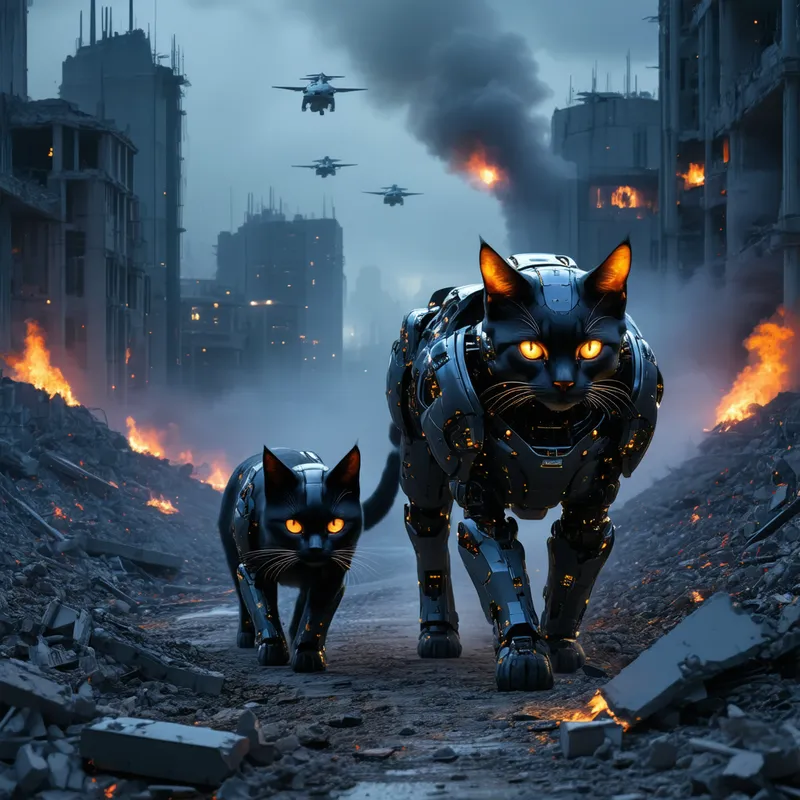 Dusk in a War-Torn Futuristic City - In the quiet, somber dusk of a war-torn futuristic city, smoke drifts from ruins of buildings and roads. Two cybernetic cats, Aegis with glowing orange eyes and Nyx with light-absorbing black fur, navigate through the debris. Their armor, blending seamlessly with their fur, shows signs of battle damage. They keep low to the ground, moving like real cats, eyes watchful. Aegis’s fur has subtle fiberoptic shimmers, enhancing the tense scene, while occasional firelight flickers in the background. No other life is visible, only distant drone lights overhead. - sketching, cartoony, pixel art