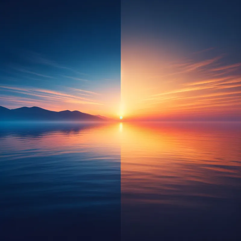 Dusk to Dawn - An image that seamlessly blends the warm hues of dusk with the cool tones of dawn, highlighting the subtle yet profound shift in the natural world as day transitions into night. - AI image generated with Art