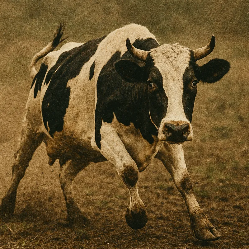 Dynamic Cow with Grain Effect - apicture of acow
 - AI image generated with GPT Image - grain effect, dynamic pose