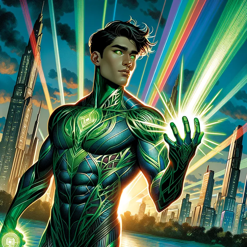 Dynamic Dusk Defender - A stunning depiction of the 20-year-old superhero Tamryn Noble, aka Captain Fabulous. He wears a metallic green bodysuit adorned with intricate patterns and emits emerald energy beams from his palms. He stands in a dynamic pose next to his companion, a sentient disco ball emitting rainbow lights. The backdrop features a modern cityscape with towering skyscrapers as dusk falls. Art style inspired by Jim Lee. - AI image generated with Art