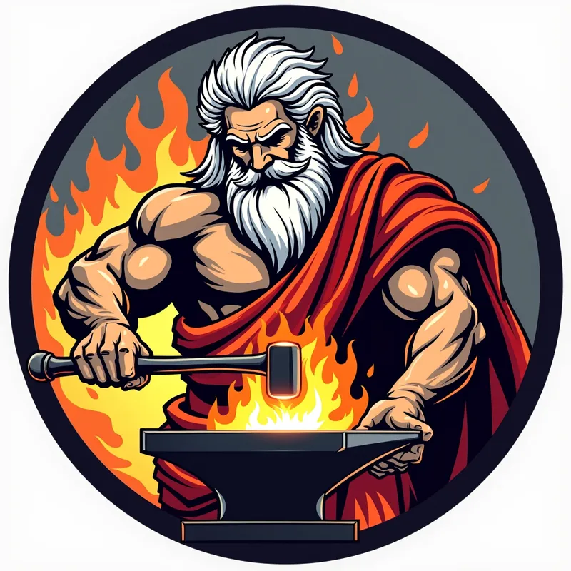 Dynamic Forge Master - An impactful vector logo of Hephaestus, the Greek god of fire and metalworking, portrayed with a strong, muscular build and flowing beard. He is dynamically depicted mid-strike with a large hammer over a fiery anvil. The pristine white background emphasizes the bold and vibrant colors of the figure, making it a perfect design for a round patch. - AI image generated with Photorealistic 2