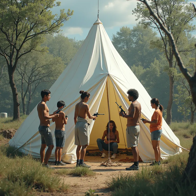 Dynamic Injector Tent - A creative portrayal of multiple plastic injectors in action, each contributing to the creation of a tent, surrounded by nature. - AI image generated with Photorealistic 2