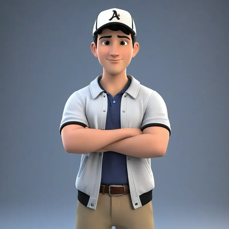 Dynamic Joe Studio Pose - The main character of 'My Best Friend Joe', a cartoon series, depicted as a young Caucasian man in his mid-20s with black hair wearing a baseball cap, dressed in a preppy, cartoon-inspired outfit, posing confidently in a professional studio setting. - AI image generated with Fictional - 3D render, dynamic pose, pro studio photo