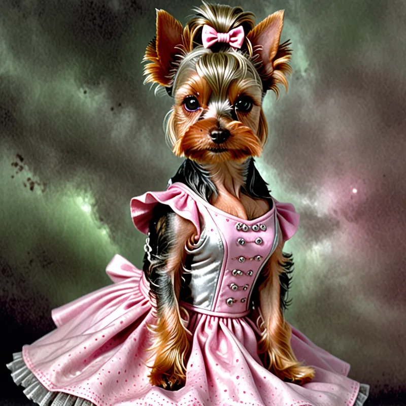 Dynamic Yorkie in Pink with Mama & Nana - little silver female yorkie in pink over-all dress with her humans mama who has strawberry blonde hair, freckles,  and green eyes and nana who has silveer hair in a bun on the back of her head with brown eyes - AI image generated with Fictional - photorealistic, dynamic pose, Luis Royo