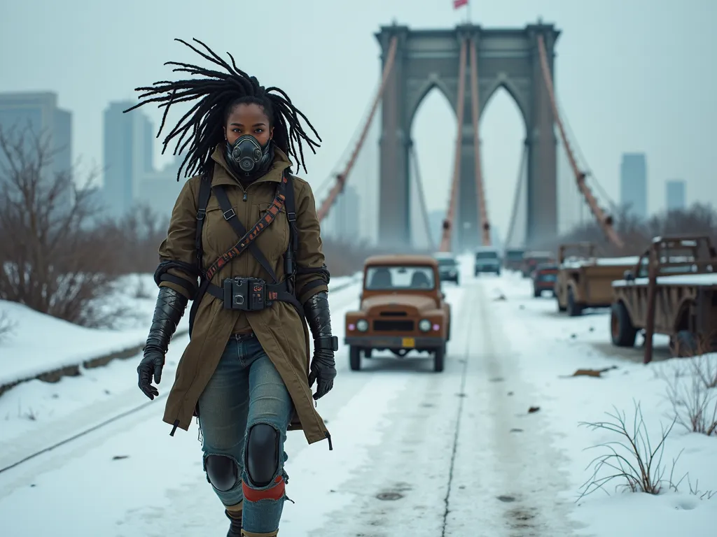 Dystopian Journey - Winter descends over a post-apocalyptic Brooklyn Bridge. A black woman, dressed for survival in layered attire with a breathing apparatus, walks confidently, her cherished dreadlocks flying free. Her mechanical arm uncovered by a torn sleeve gleams as she pulls a sled of scavenged goods. Snow blankets abandoned vehicles and the ruins of a city skyline emerge from the mist, emphasizing her strength and resilience. - AI image generated with Photorealistic 2