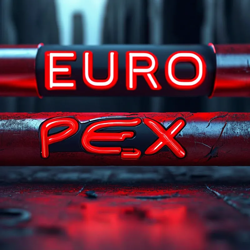 EURO-PEX Logo with Red Tubing - Create a logo that says "EURO PEX" with a red piece of tubing used as a hyphen between "EURO" and "PEX". The text should be bold and modern, with the tubing appearing realistic and prominently featured. - AI image generated with Nova Canvas