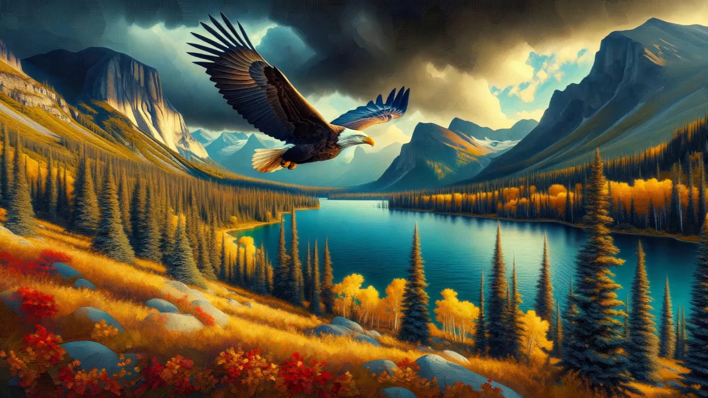 Eagle Soars Over Autumn Lake - This artwork captures a bald eagle flying close to an alpine lake beneath dark clouds. The afternoon sun lights up the eagle and the beautiful autumn colors of gold, red, and yellow in the aspens scattered along the shore. - AI video generated with Pro