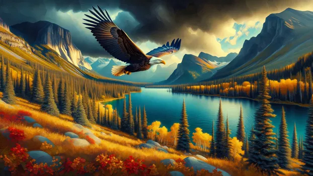 Eagle Soars Over Autumn Lake