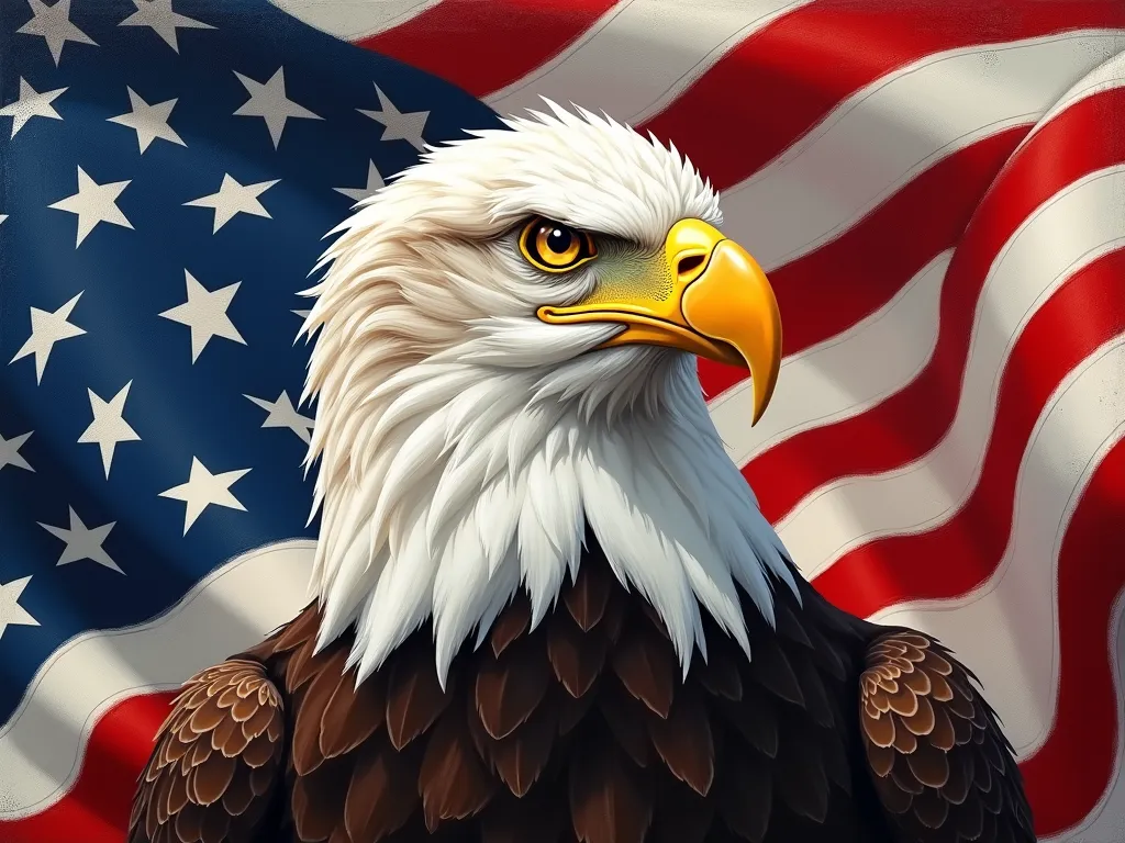 Eagle's Gaze: Modigliani's Patriotism - An elaborate oil painting showcasing the iconic head of a bald eagle, with the American flag unfurled in the background, illustrating patriotism and national pride. - AI image generated with Photorealistic 2 - Amedeo Modigliani, high resolution digital art style, point-of-view
