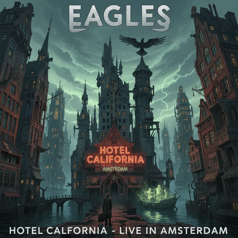 Eagles Hotel California Amsterdam Cover - Eagles Hotel California in Amsterdam album cover by Schuiten & Peeters, Carel Willink - AI image generated with Nano Banana
