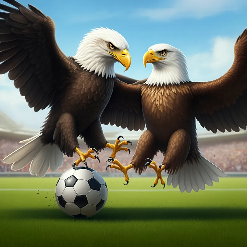 Eagles' Sports Day - Depict an energetic and friendly match between two American eagles, showing them enjoying both soccer and football on a bright and sunny day. - AI image generated with Imagen 3