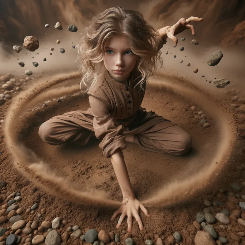 Earthbender Girl 1 - A 12-year-old girl with choppy blonde hair, poised in a dynamic earthbending stance, surrounded by swirling stones and dirt. She wears an earthy-toned outfit that blends with her surroundings. - AI image generated with Art