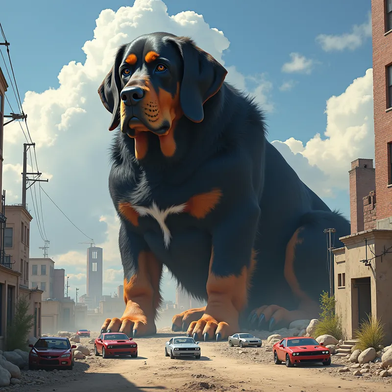 Earthquake from Bloodhound - The colossal black and brown bloodhound, with her immense weight and size, sits on Earth and creates an earthquake as she shifts. Tiny cars and buildings scatter around her massive frame, dwarfed by her colossal presence. - AI image generated with Photorealistic 2