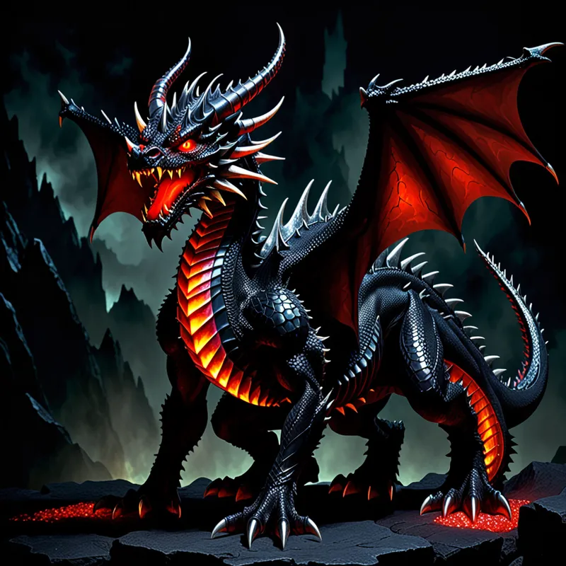 Ebony Dreadfire Serpent - An imposing dragon shrouded in darkness, covered with pitch black, gleaming scales, and adorned with dazzling, bejeweled horns. Spikes as sharp as obsidian line its back, and its intense, glowing red eyes are deep, pupil-less pools of fiery light. - AI image generated with Fictional