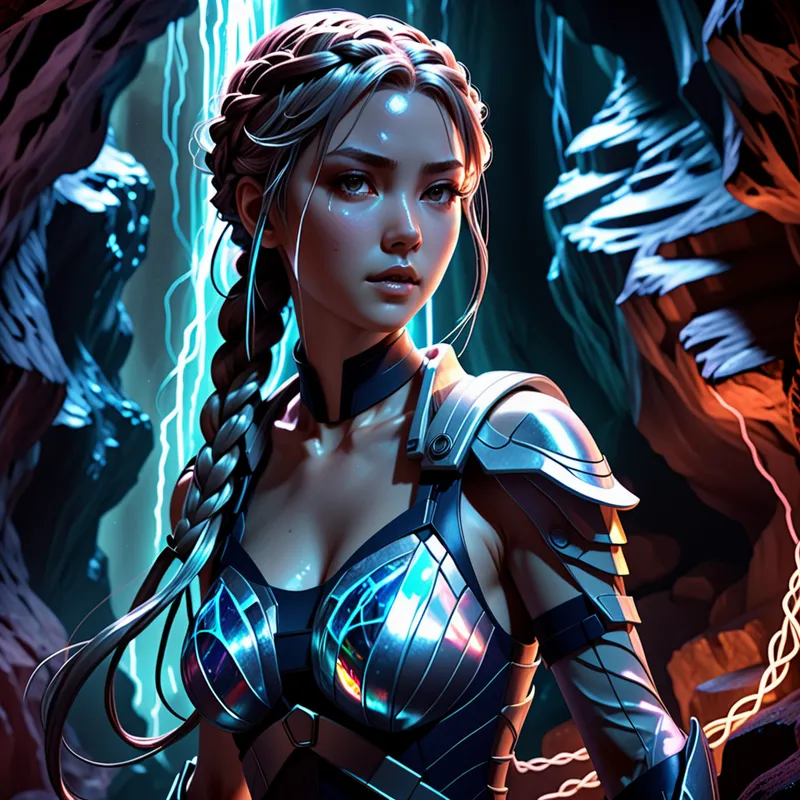 Echoes in the Cyber Cave - Anime-style heroine deep within a cavern, cable-like braided hair flowing around her, illuminated by ambient cave light and holographic reflections, detailed textures, moody yet beautiful sci-fi fantasy scene - AI image generated with Fictional