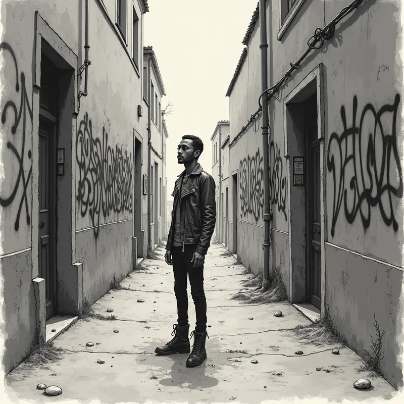 Echoes in the Darkness - An individual standing in the middle of a deserted alley, surrounded by graffiti-covered walls, with an expression of deep contemplation and melancholy. - AI image generated with Photorealistic 2 - sketching, over-the-shoulder