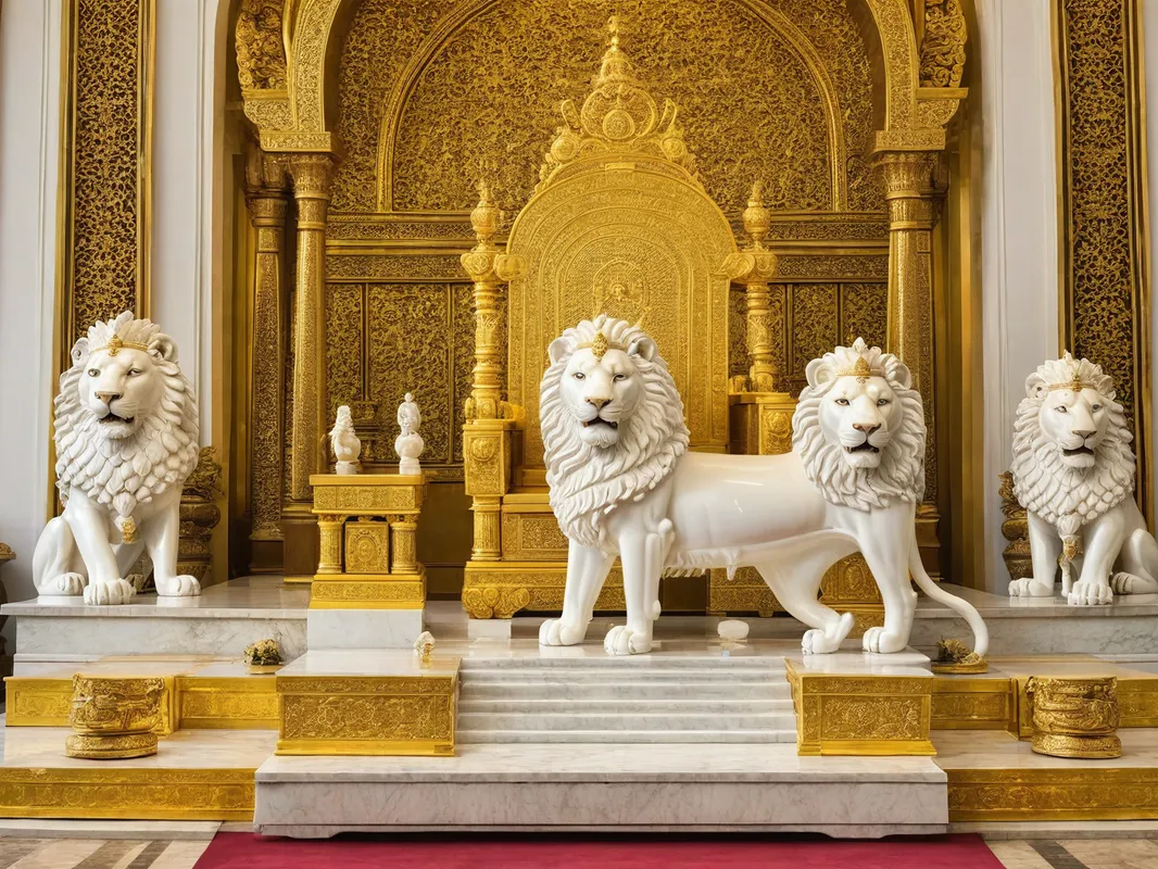 Echoes of Antiquity - A gleaming golden throne, its splendor enhanced by the elegant presence of two white marble lions, standing vigil on either side of its elevated dais. - AI image generated with Photorealistic
