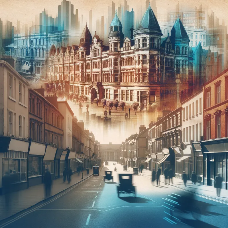 Echoes of Time - A visual representation of a town where the past blends seamlessly with the present. Vintage photographs fade into modern streets, highlighting the preservation of landmarks that tell stories of the town's past. - AI image generated with Art
