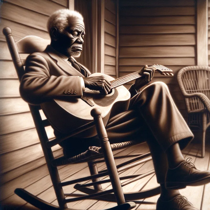 Echoes of the Blues - A nostalgic scene of an old black man, eyes closed in deep concentration, rocking in a chair on a front porch, his fingers dancing over the strings of a well-worn guitar. - AI image generated with Art